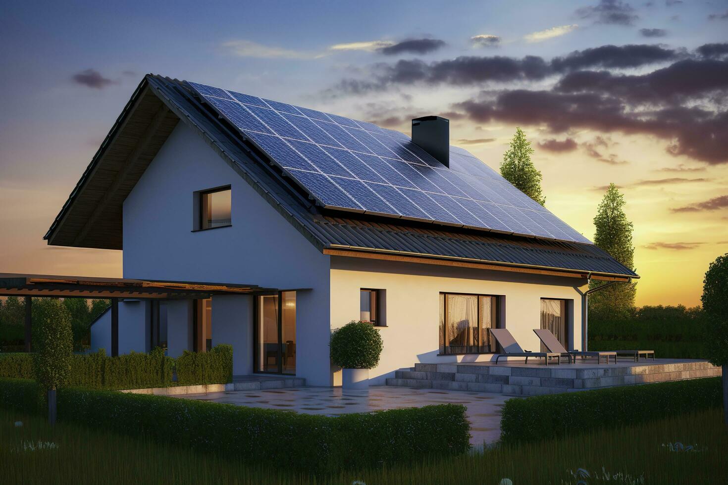 AI generated Modern house with blue solar panels on the roof. End of the day, sunset. AI Generated photo