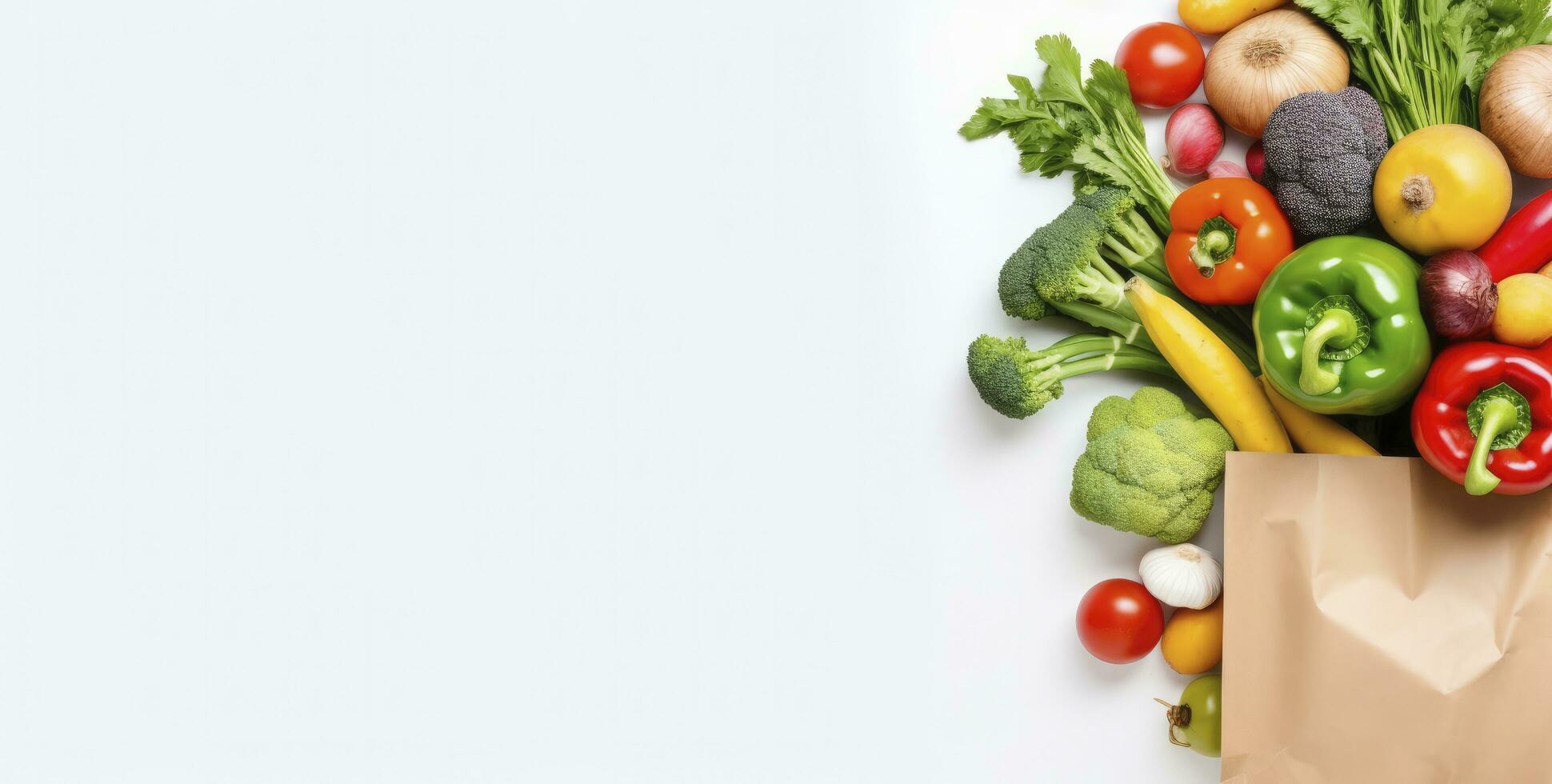 AI generated Healthy food in paper bag vegetables and fruits on white background. AI Generated photo