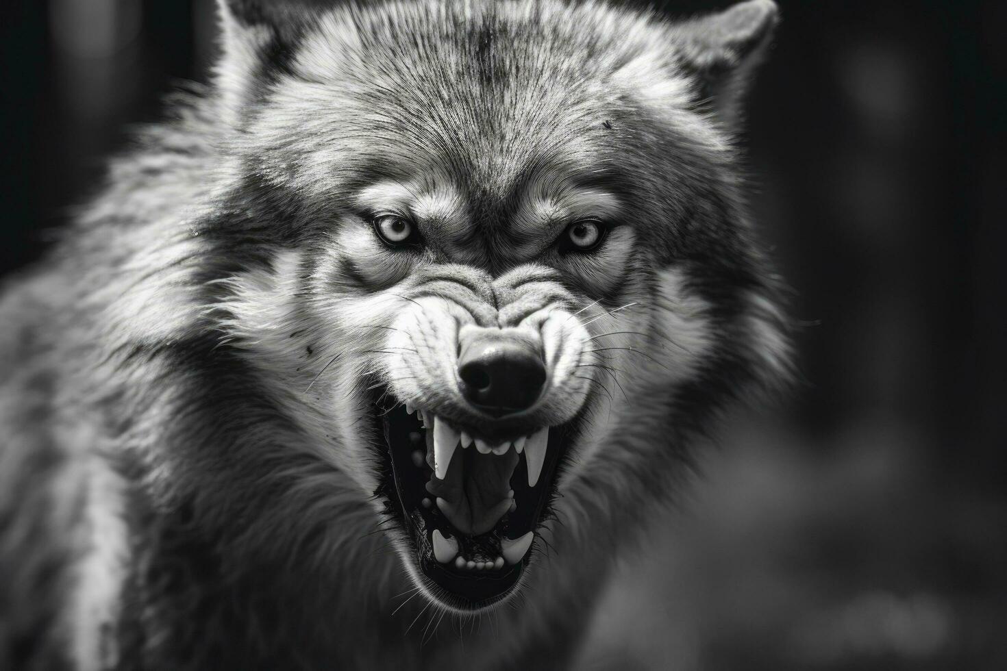 AI generated Greyscale closeup shot of an angry wolf with a blurred background. AI Generated photo