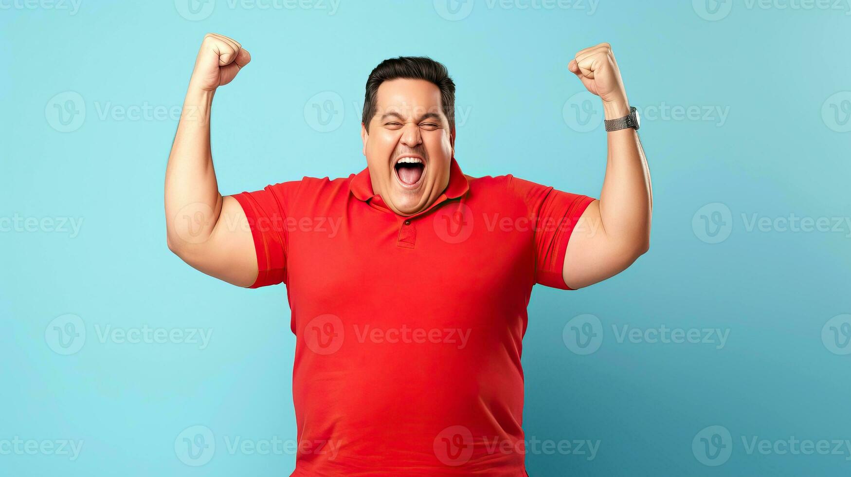 AI generated Portrait of a happy fat man in a red t-shirt celebrating a victory on a blue background. photo