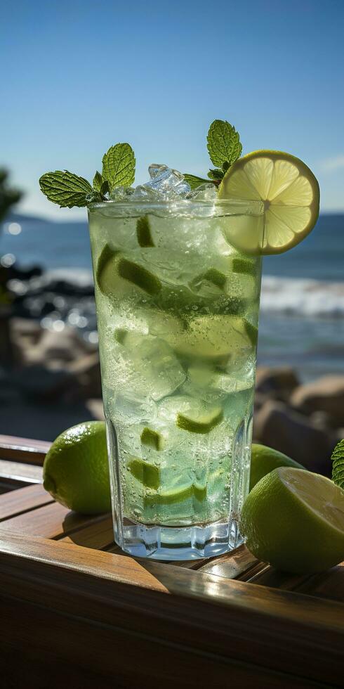 AI generated Stunning photo of cocktail mojito, a sunny summer beach in the background. Generative AI