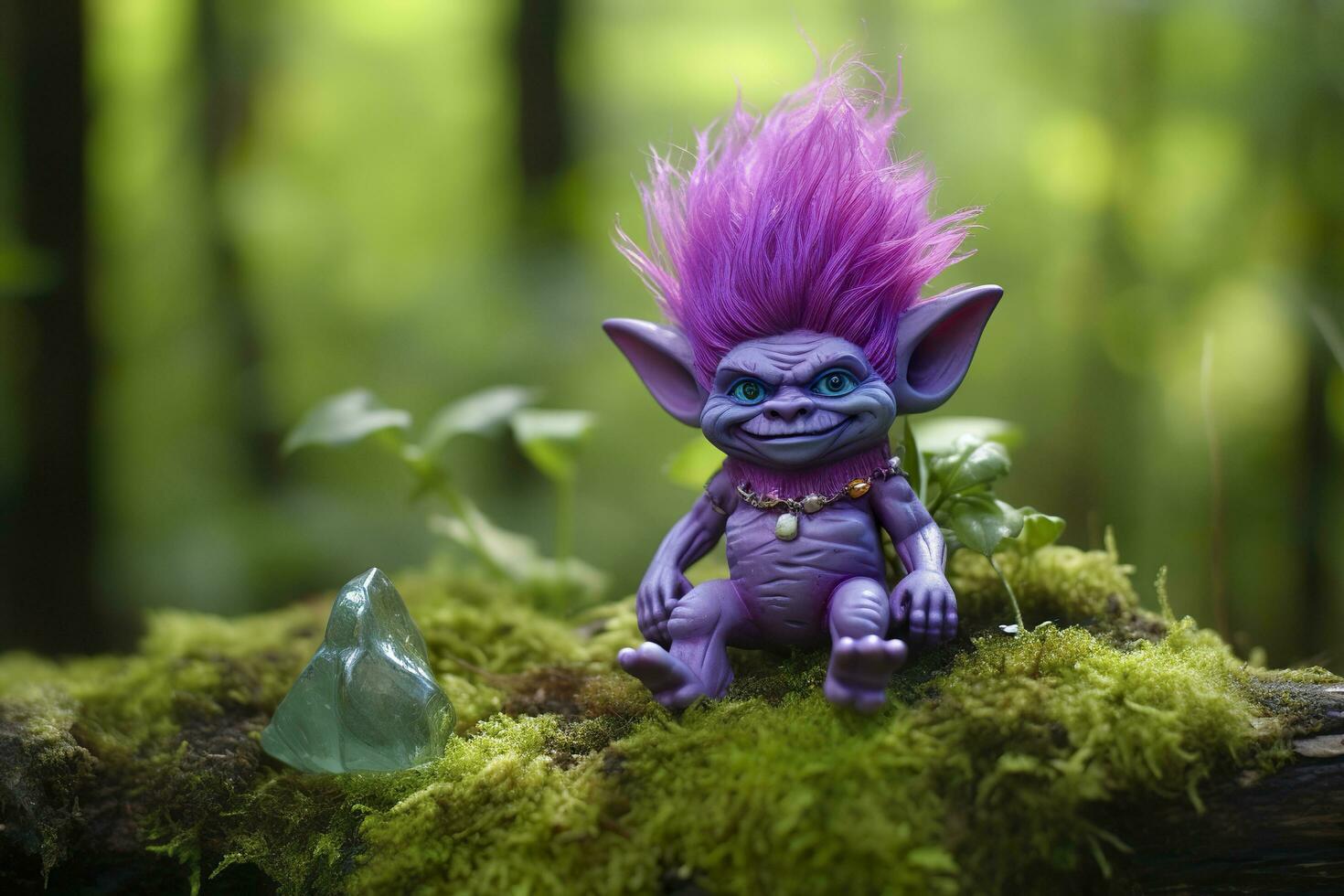 AI generated Tale troll with crystals in the forest, natural green background. Generative AI photo