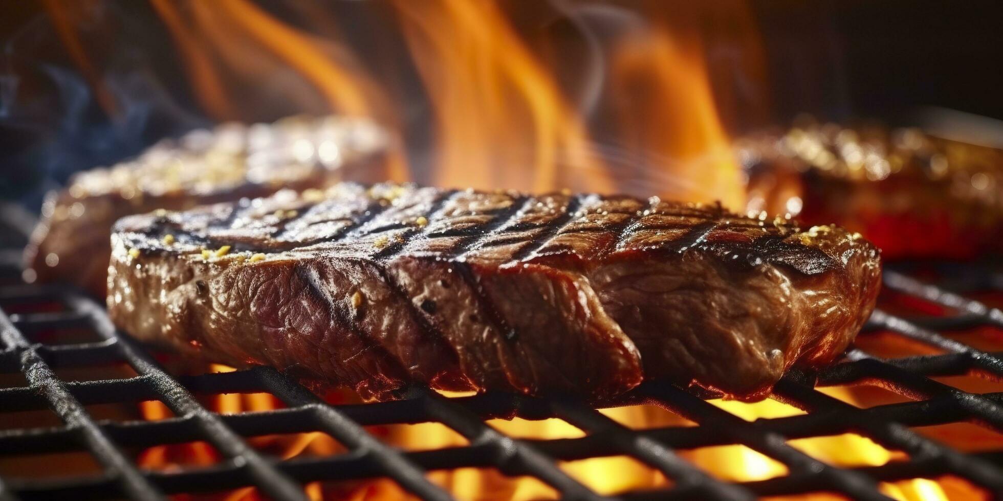 AI generated Beef ribeye steak grilling on a flaming grill. Generative AI photo