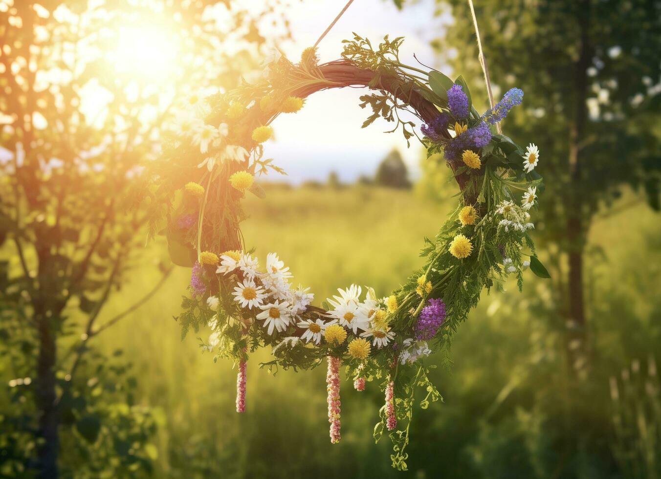 AI generated Rustic wildflowers wreath on a sunny meadow. Summer Solstice Day, Midsummer concept. Generative AI photo