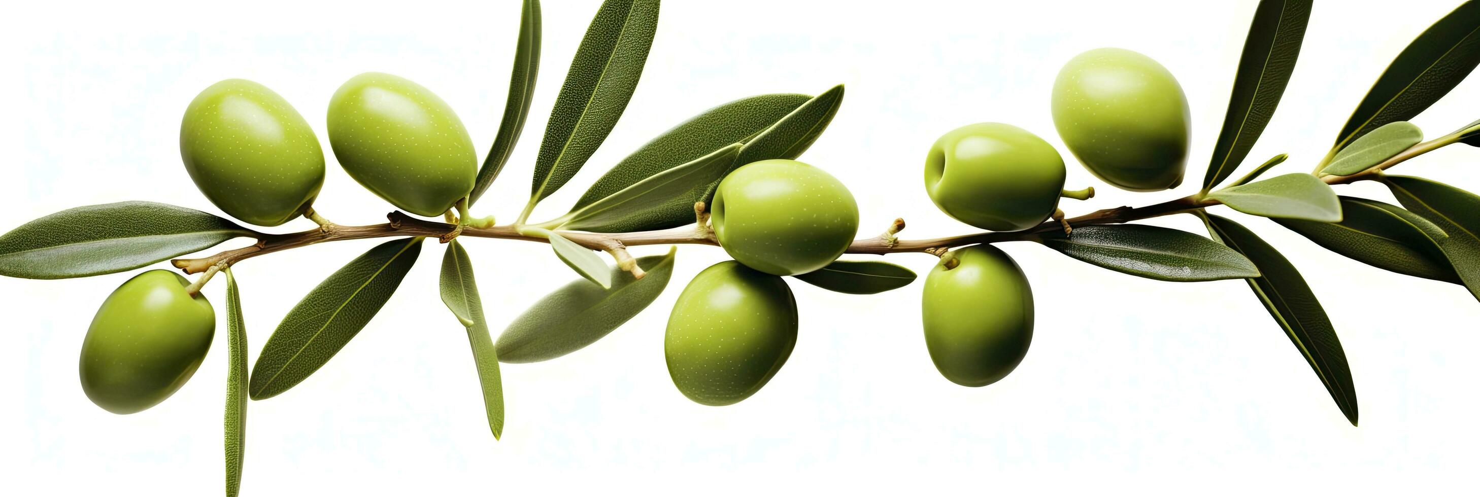 AI generated Olive tree branch, green olives and leaves on white background. AI Generated. photo