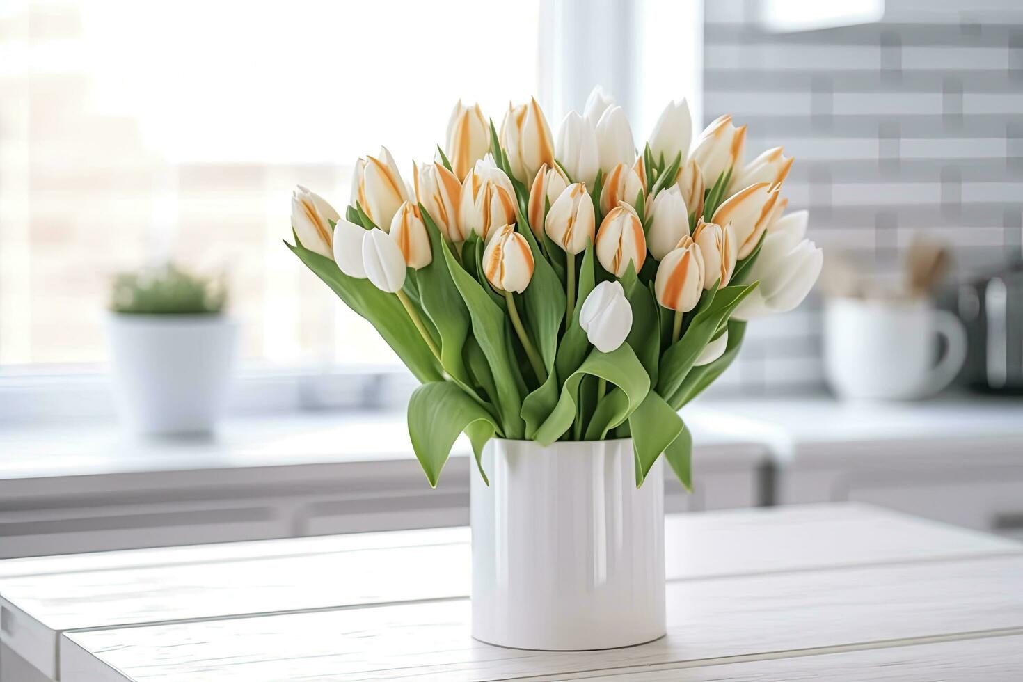 AI generated A bouquet of tulips on a white table. AI Generated photo