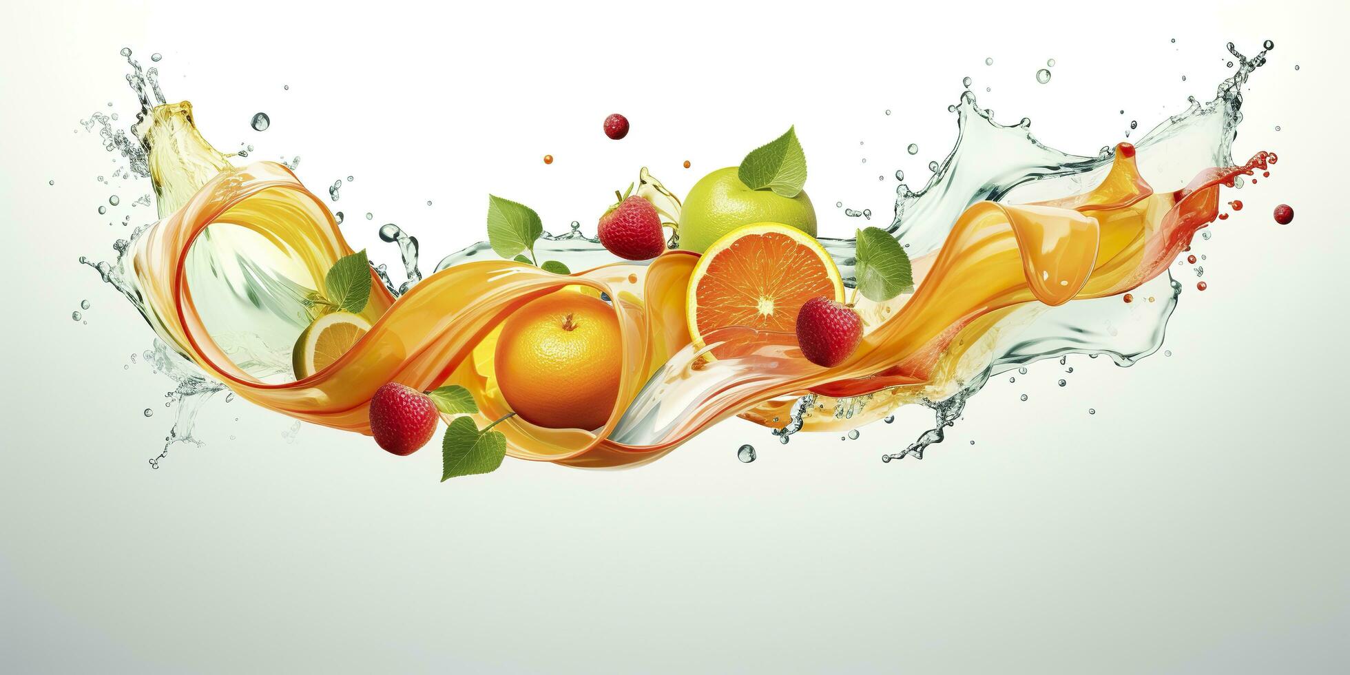 AI generated Swirl water splash with fruits. liquid flow with ice cubes and a mix of fresh fruits. Generative AI photo