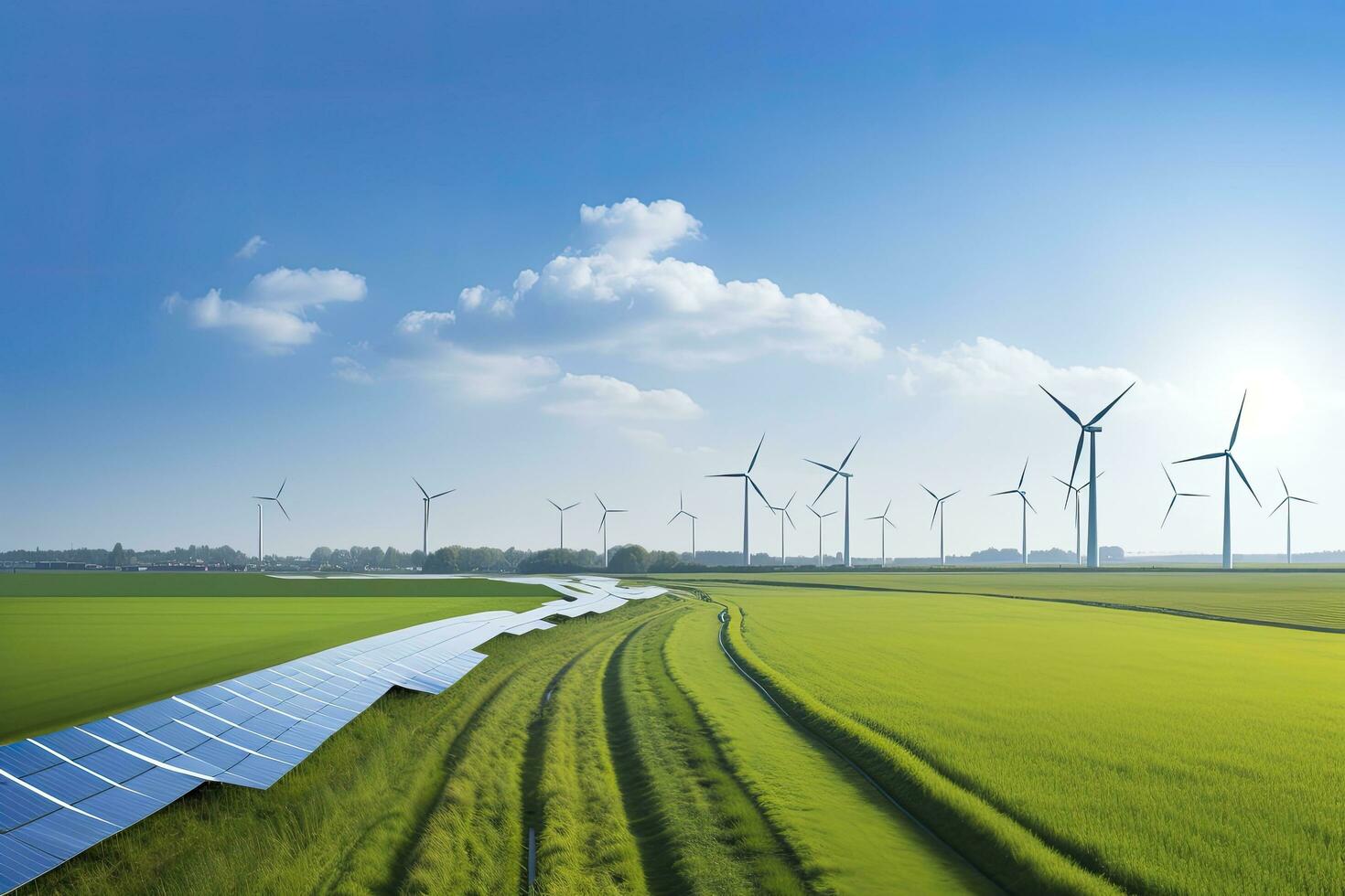 AI generated Wind, sun and water energy. AI Generated photo