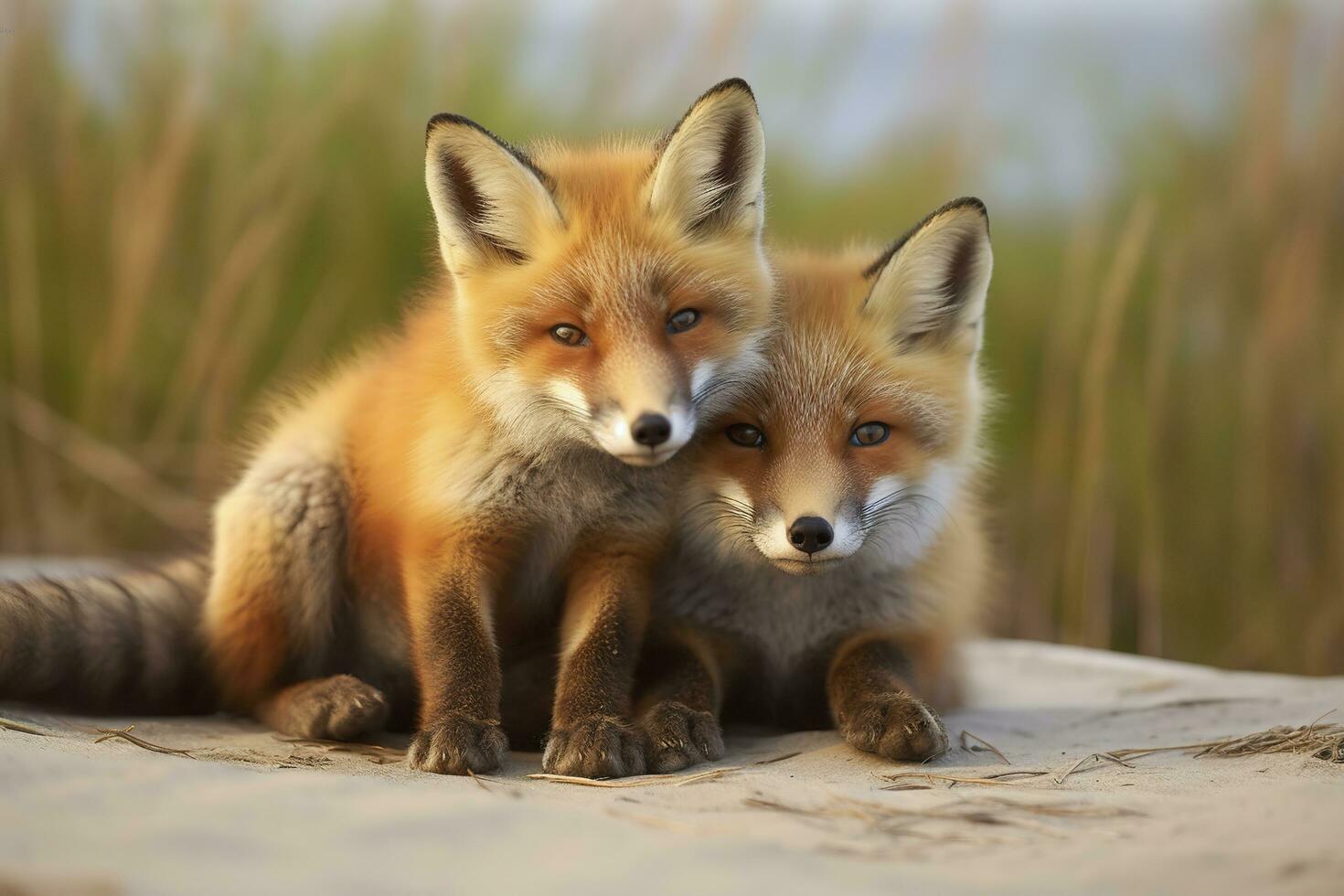 AI generated Wild baby red foxes cuddling at the beach. Generative AI photo