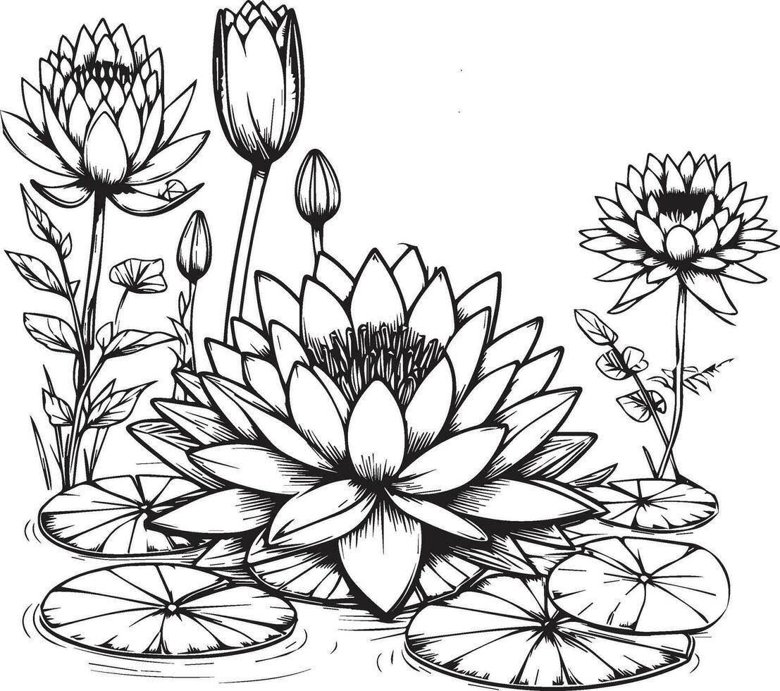 Illustration water lily vector, outline water lily drawing, tattoo outline water lily drawing, japanese water lily tattoo design, july birth flower water lily tattoo vector