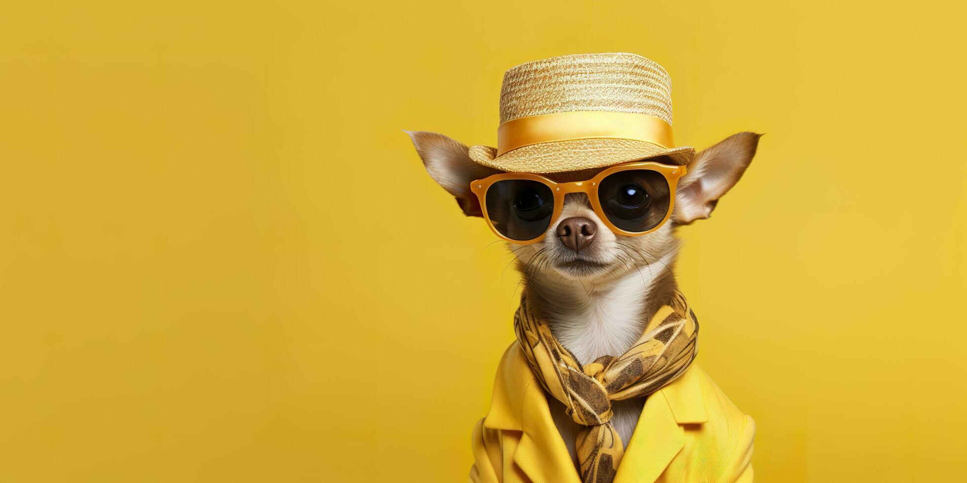 ai generado frio mirando chihuahua perro vistiendo miedoso Moda vestido. espacio para texto Derecha lado. generativo ai foto