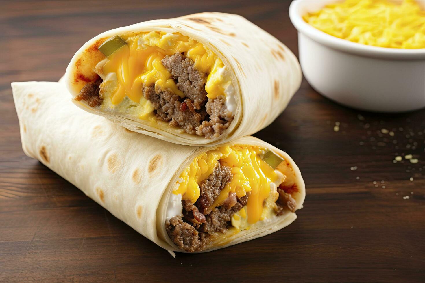 AI generated Breakfast burrito with sausage, eggs, hashbrown and cheese. AI Generated photo