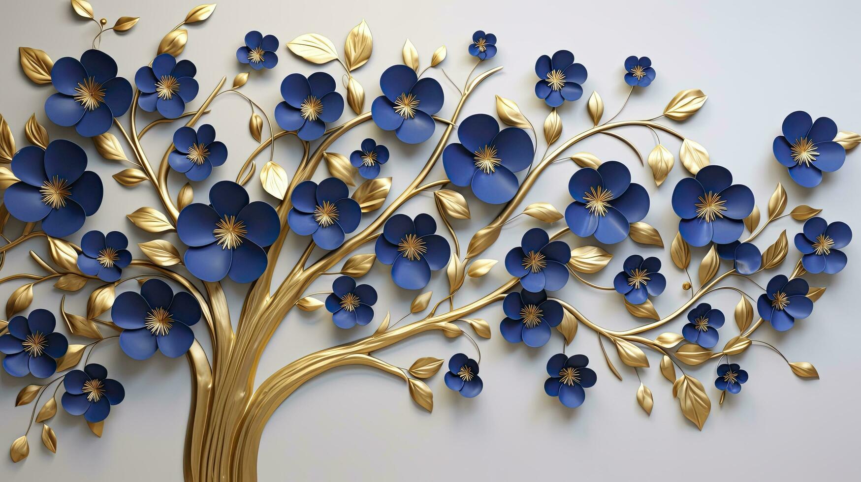 AI generated Elegant gold and royal blue floral tree with leaves and flowers hanging branches illustration background. AI Generated. photo