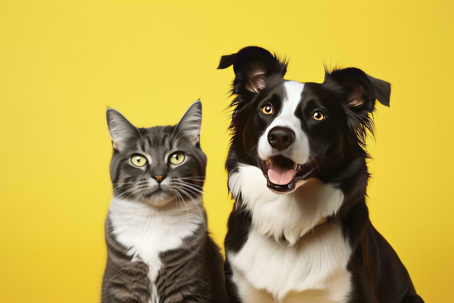 ai generado gato y perro juntos con contento expresiones en amarillo antecedentes. ai generado foto