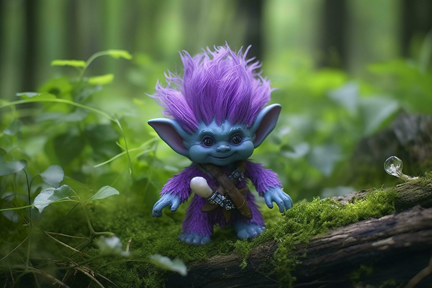 AI generated Tale troll with crystals in the forest, natural green background. Generative AI photo