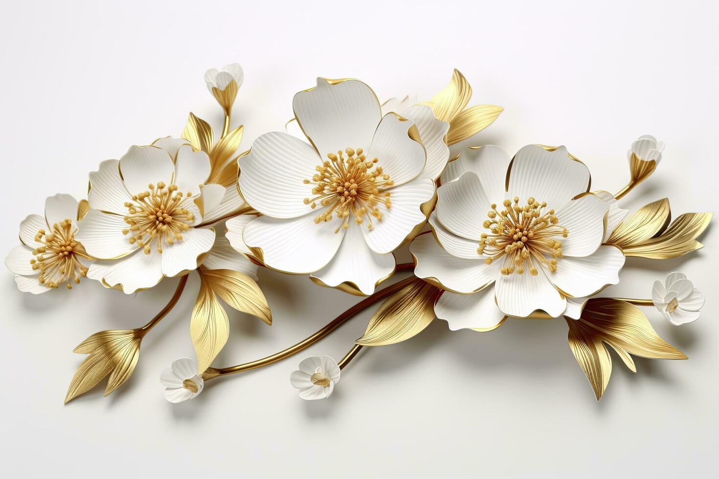 AI generated 3d gold flowers white backgroung. AI Generated photo