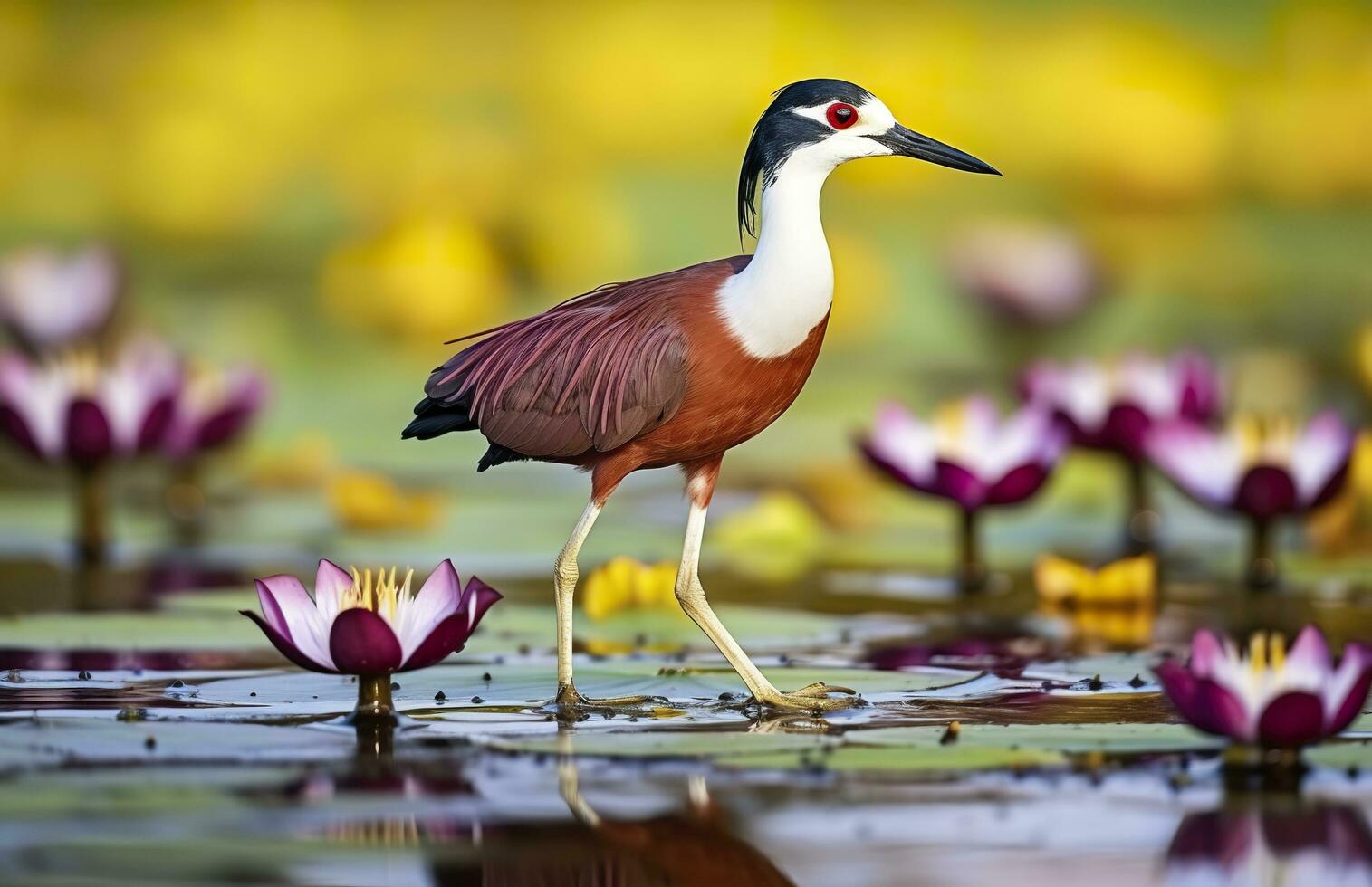 AI generated Colorful African wader with long toes next to violet water lily in water. Generative AI photo