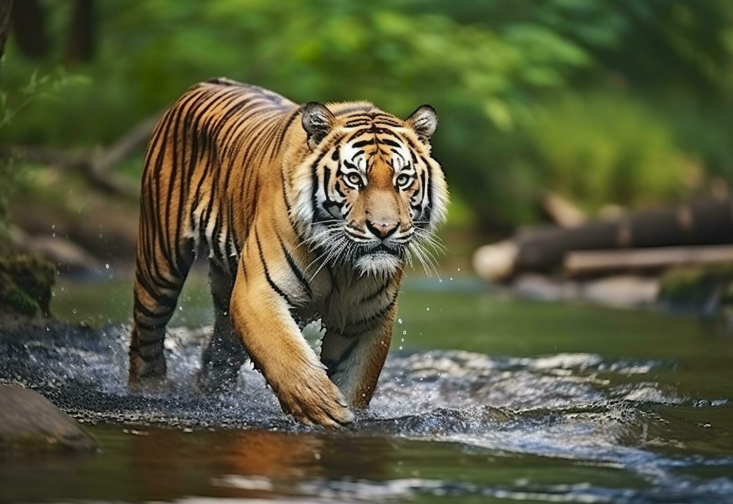 AI generated Amur tiger walking in the water. Dangerous animal.  Animal in a green forest stream. Generative AI photo