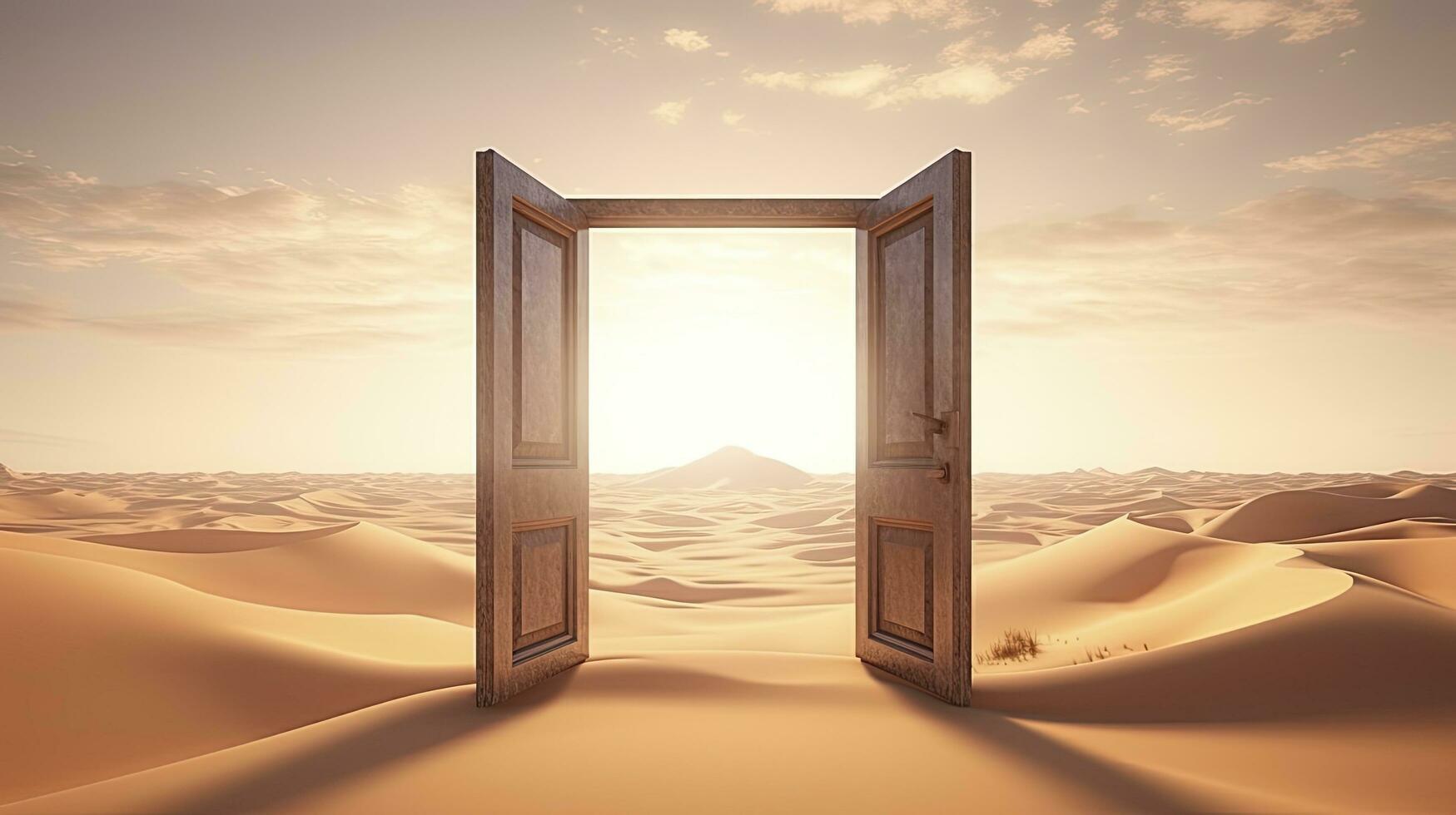 ai generado el abrió puerta en el desierto. desconocido y comienzo arriba concepto. ai generado. foto