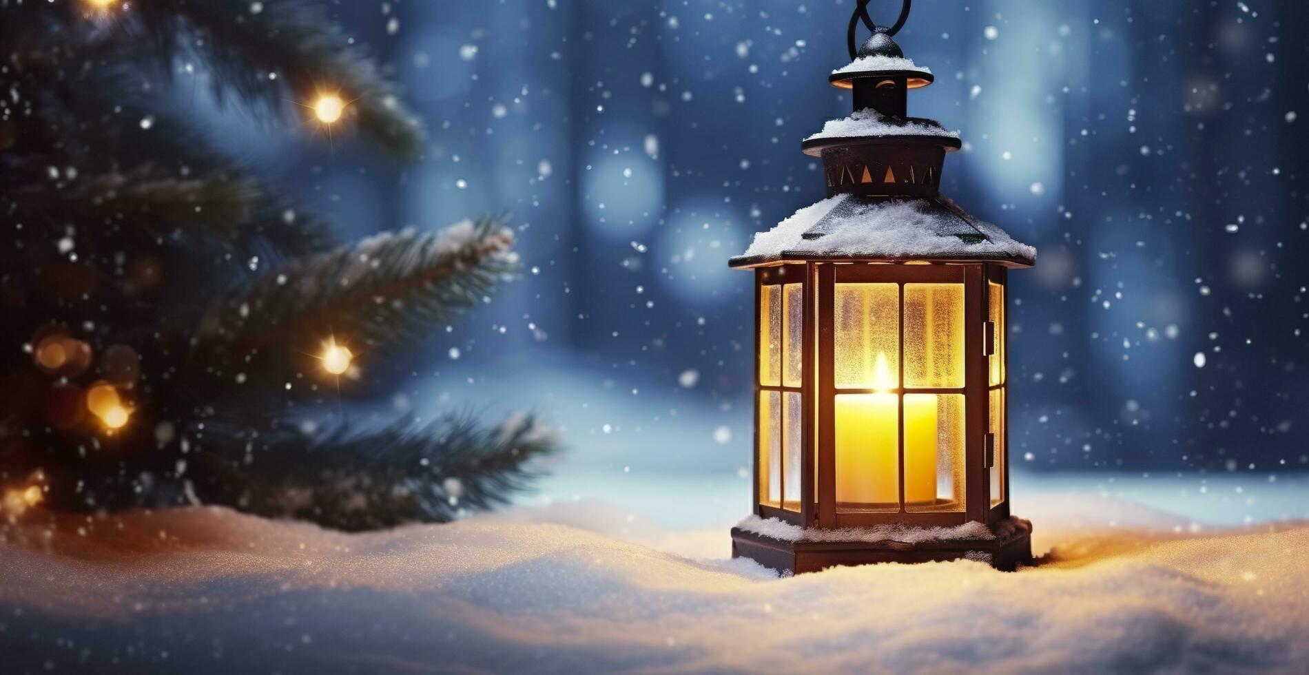 ai generado Navidad linterna en nieve con abeto rama en noche escena. generativo ai foto