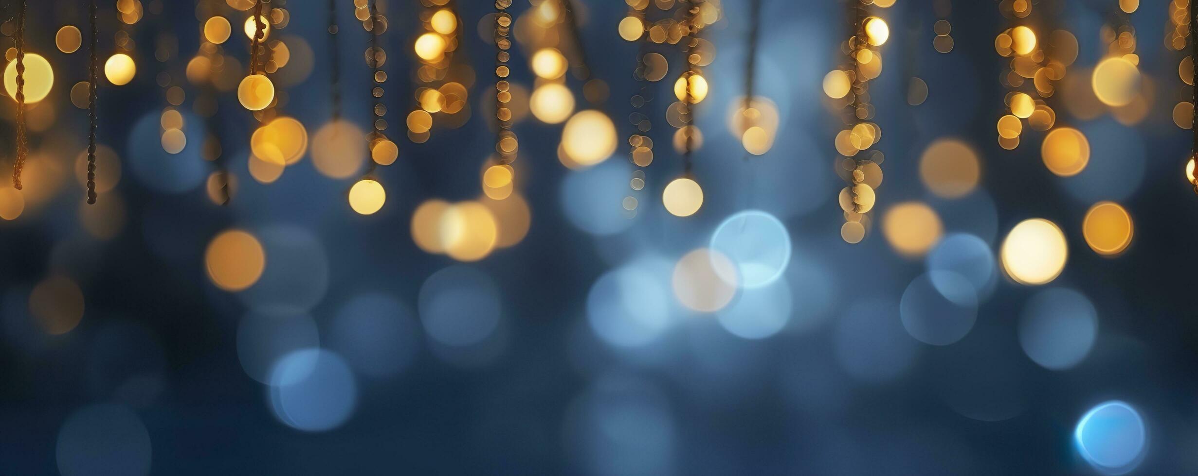 AI generated holiday illumination and decoration concept, Christmas garland bokeh lights over dark blue background. AI Generated photo