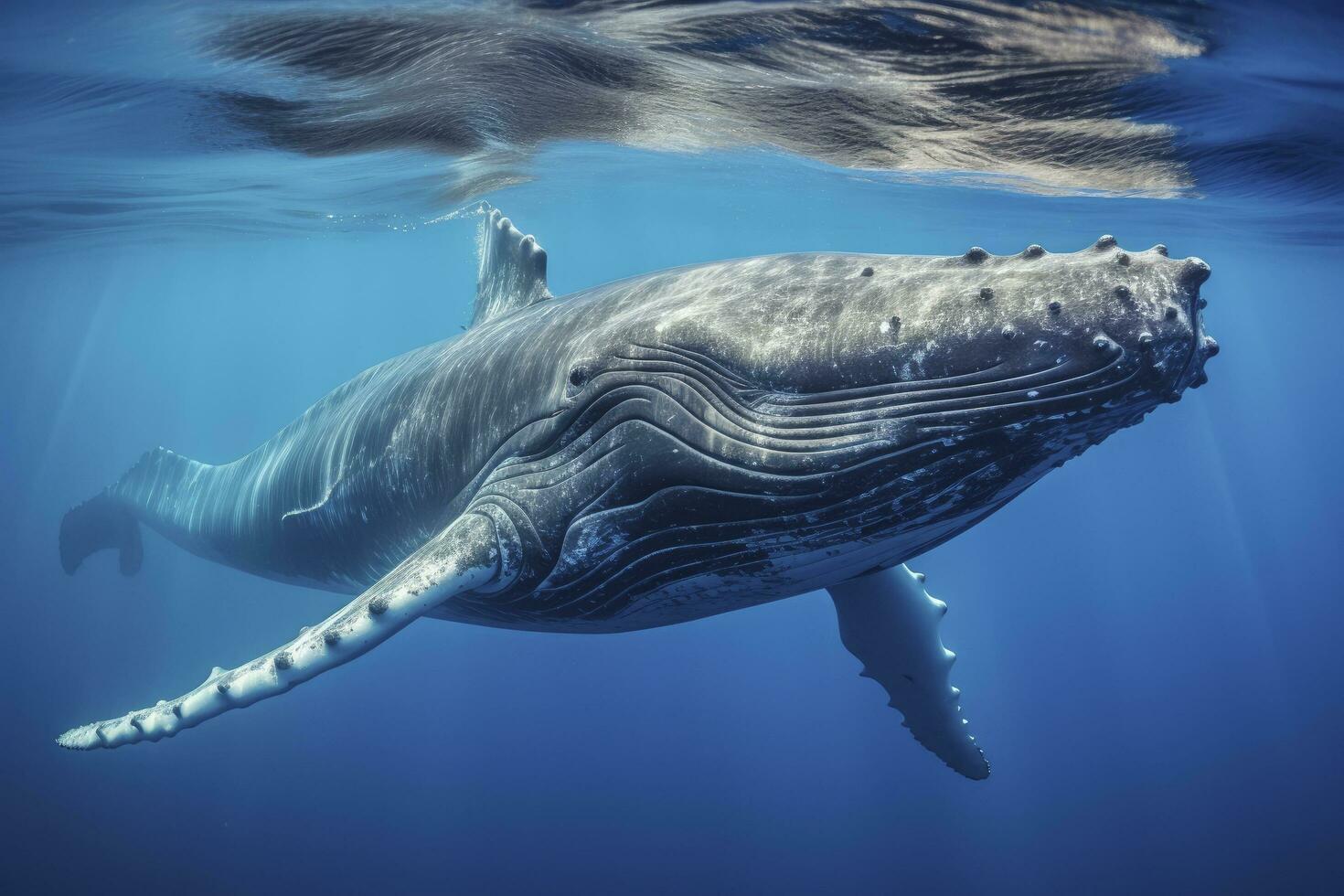 AI generated Young Humpback Whale In Blue Water. AI Generated photo