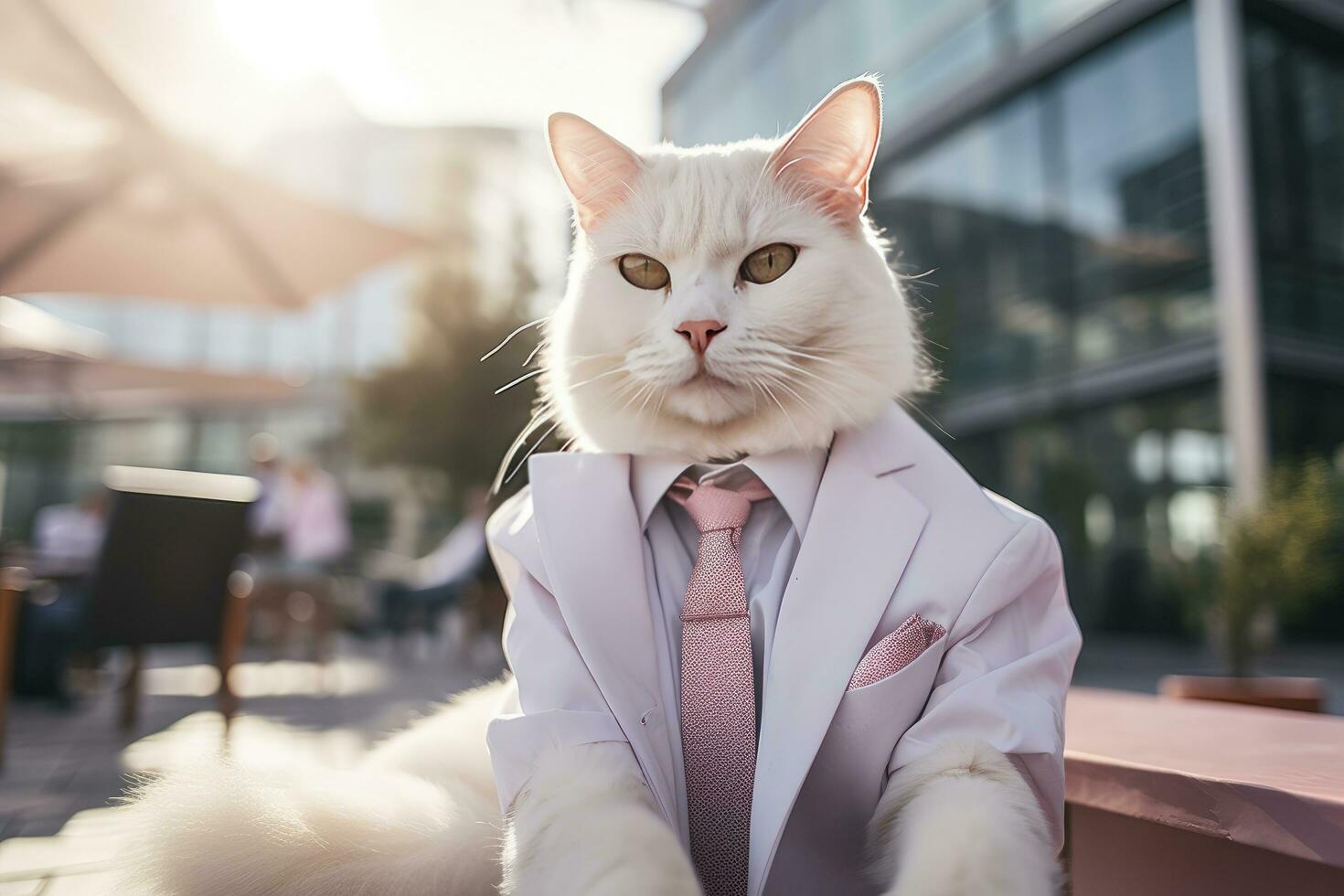 AI generated A cat is wearing sunglasses, suit and standing on street. AI Generated photo