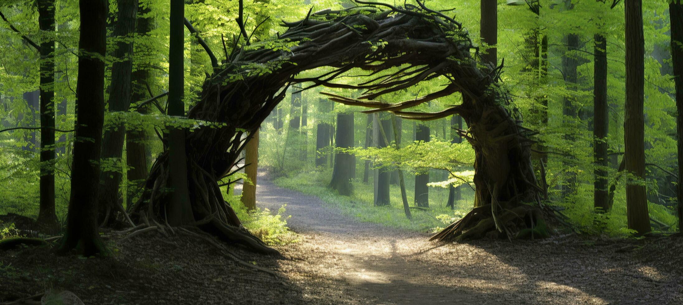 AI generated Natural archway shaped by branches in the forest. AI Generated photo