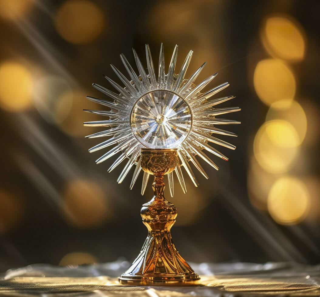 AI generated The golden monstrance with a little transparent crystal center, consecrated host. church defocused background. AI Generative photo