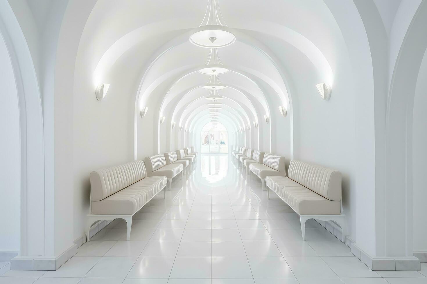 AI generated Interior design of a modern luxurious white building corridor or hallway with waiting seat. AI Generated photo