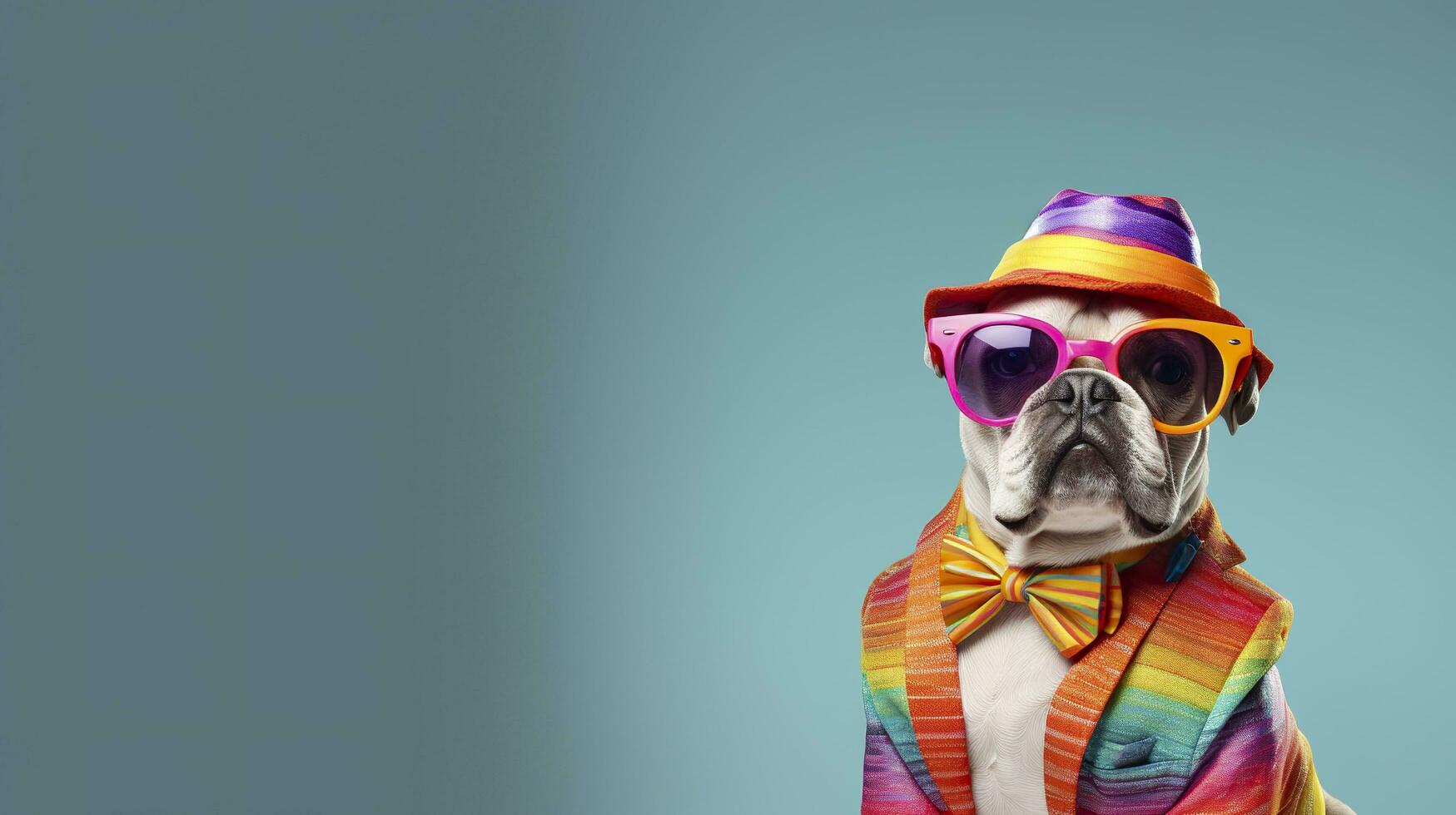 AI generated Cool looking bulldog wearing funky fashion dress. space for text right side. AI Generated photo