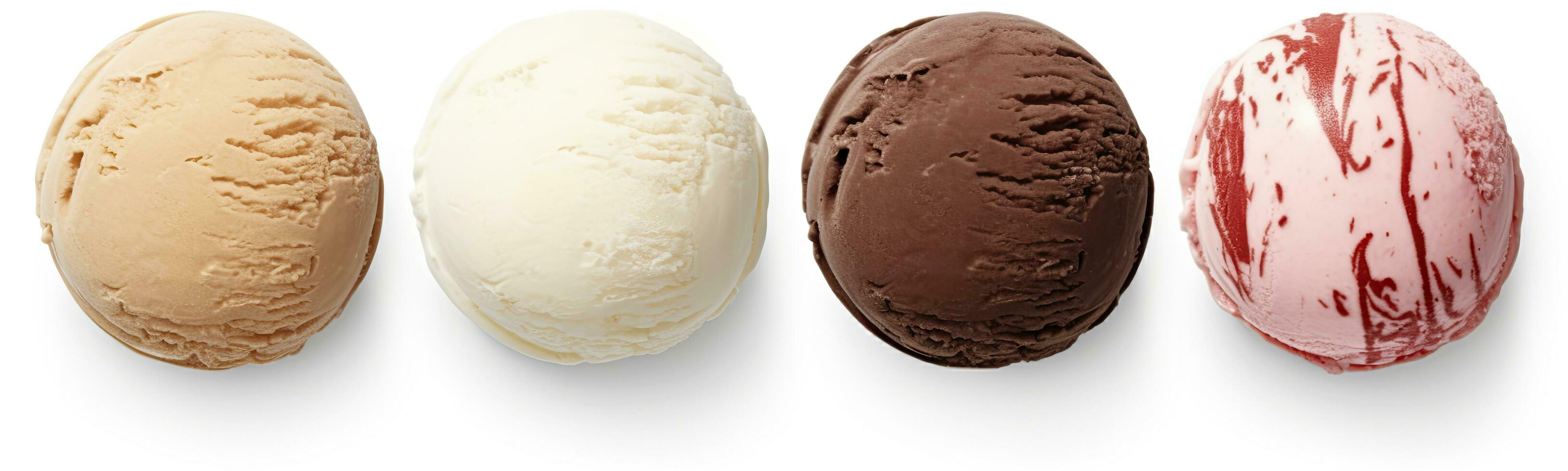AI generated Set of four various ice cream balls or scoops isolated on white background. AI Generated photo