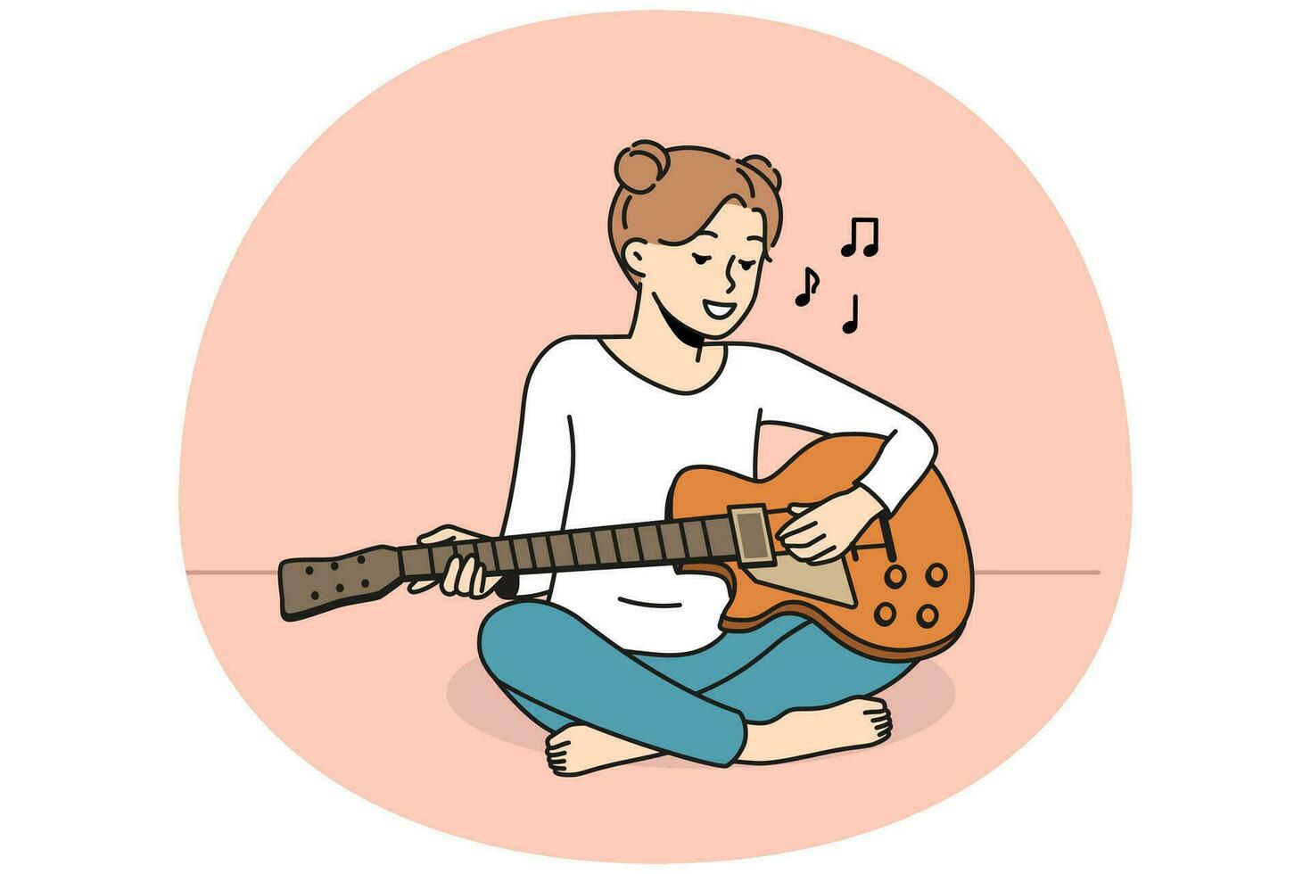 Smiling girl sit on floor playing guitar. Happy female enjoy musical lesson with instrument. Hobby and entertainment. Vector illustration.