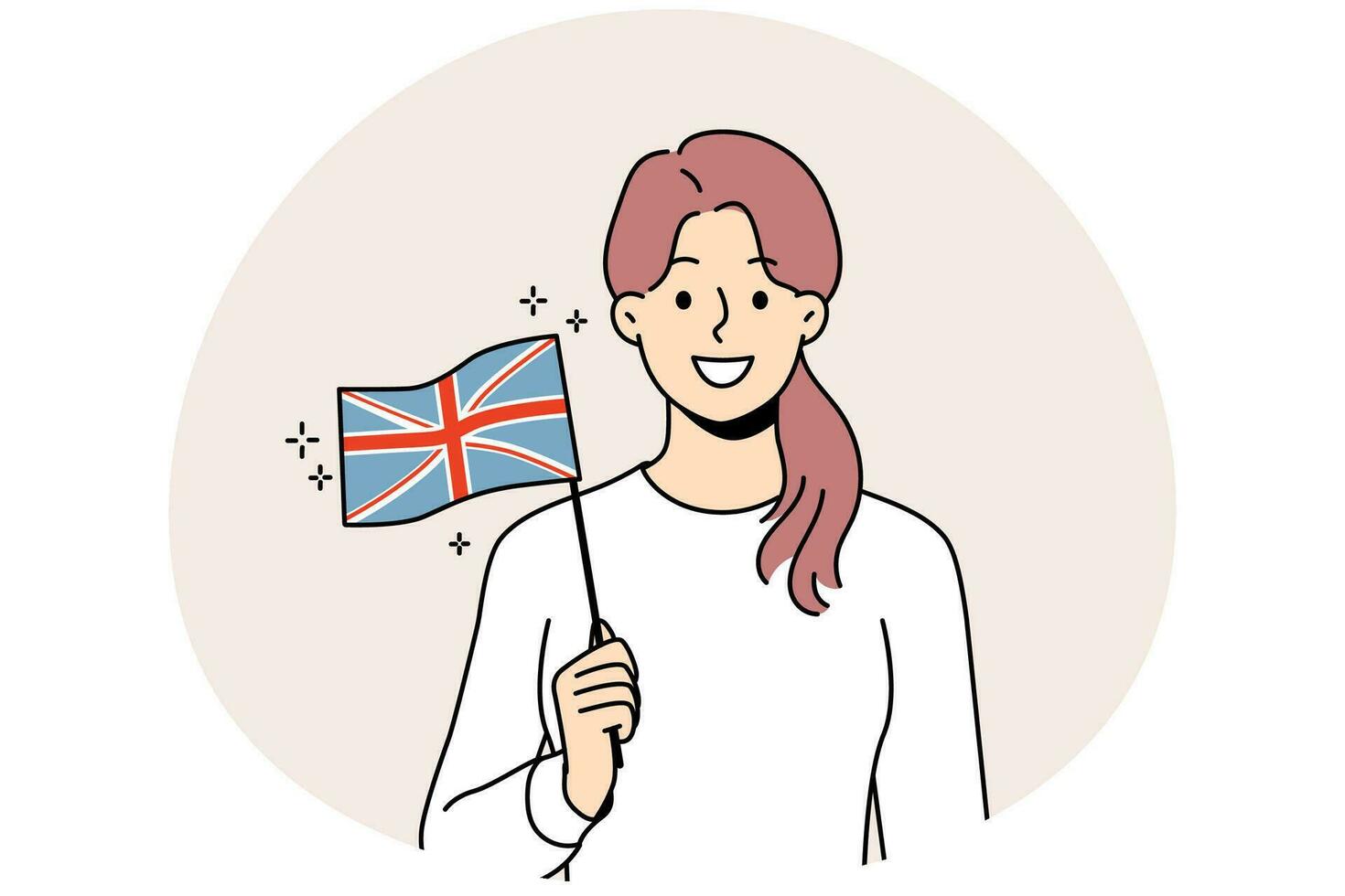 Smiling young woman holding UK flag in hands. Happy female with British national sign. Vector illustration.