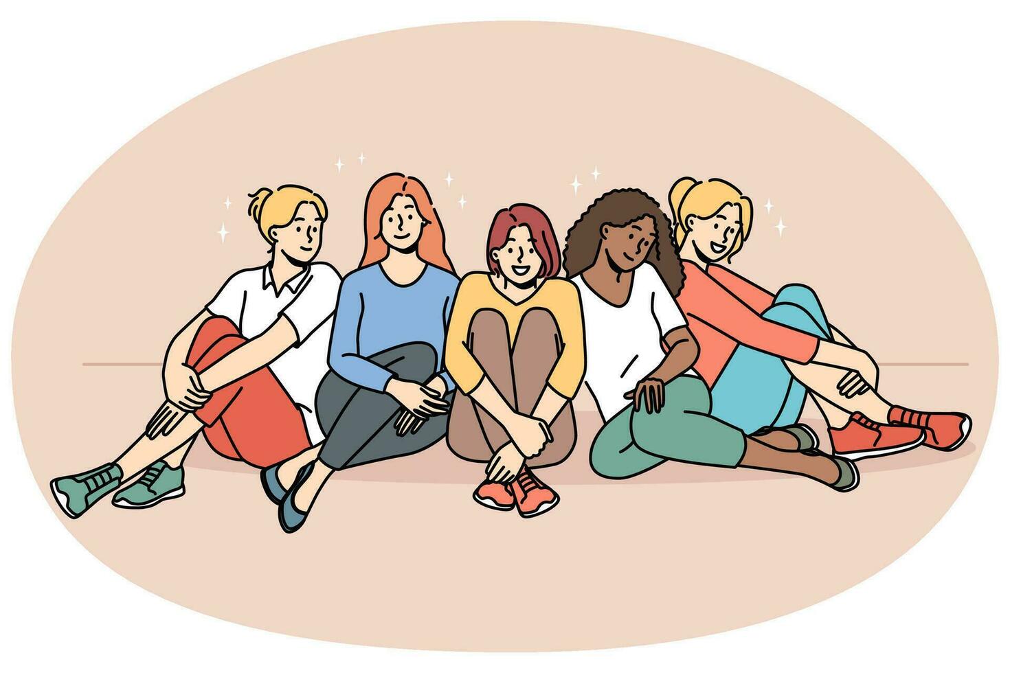 Smiling multiracial diverse women sit together show unity and support. Happy multiethnic interracial girls have fun relax. Togetherness and friendship. Vector illustration.