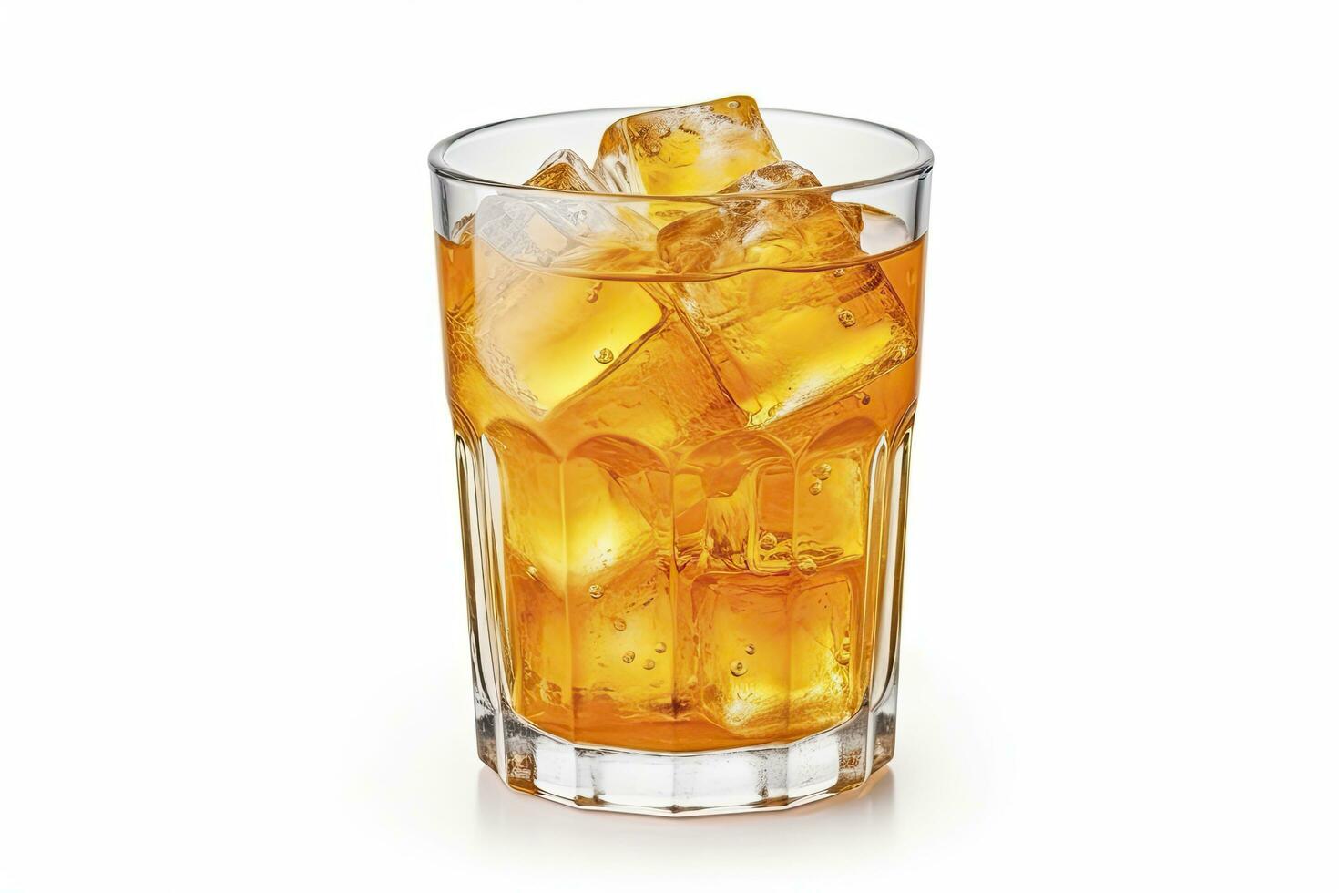 AI generated A glass of orange soda water with ice cubes on white background. AI Generated photo