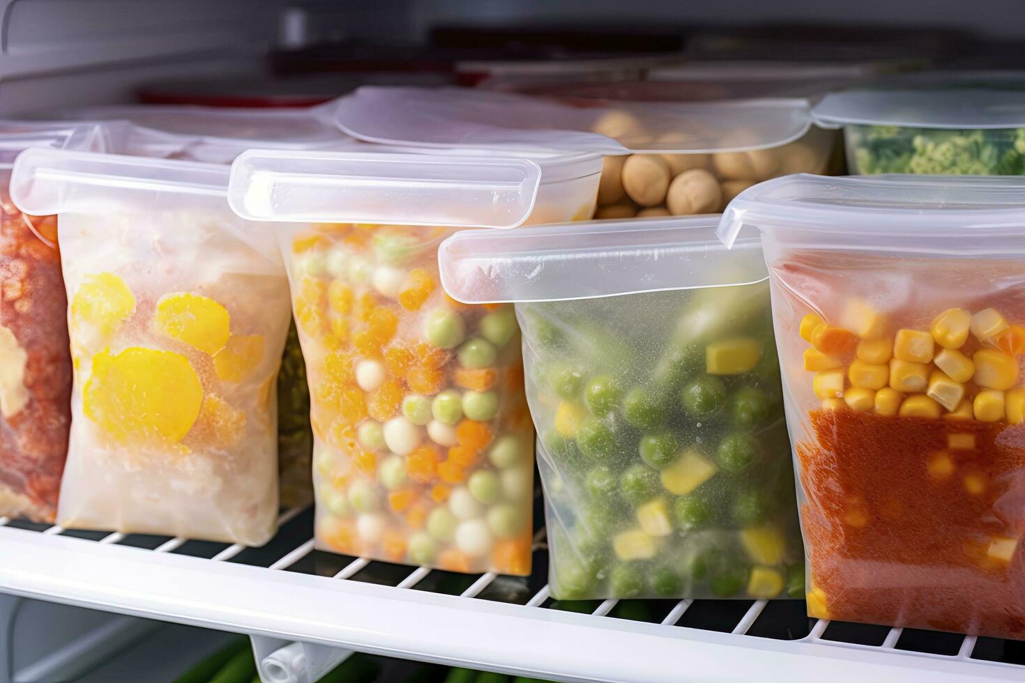 AI generated Frozen food in the freezer. Frozen vegetables. AI Generated photo