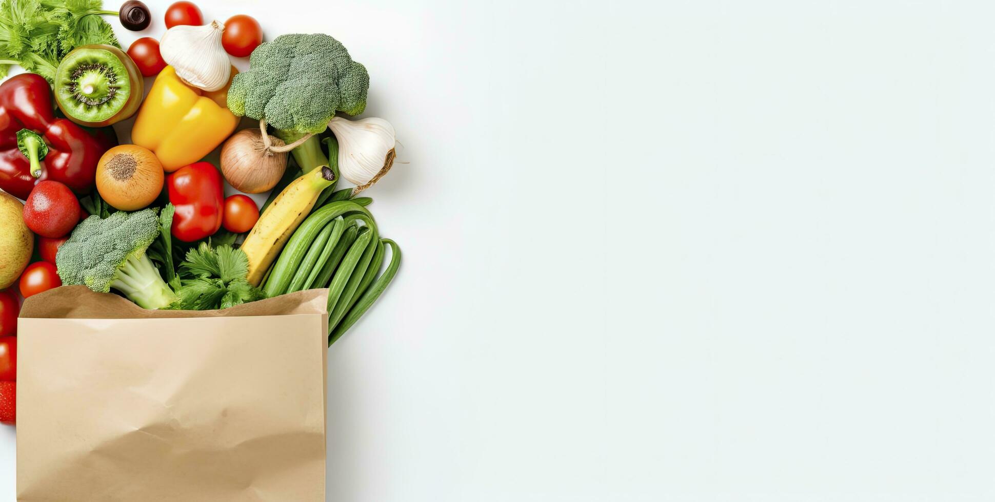 AI generated Healthy food in paper bag vegetables and fruits on white background. AI Generated photo