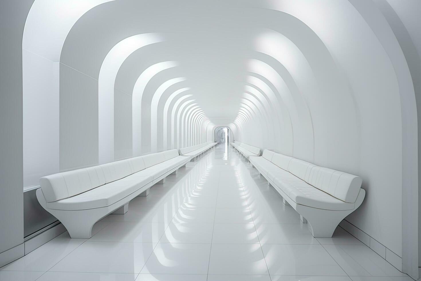 AI generated Interior design of a modern luxurious white building corridor or hallway with waiting seat. AI Generated photo