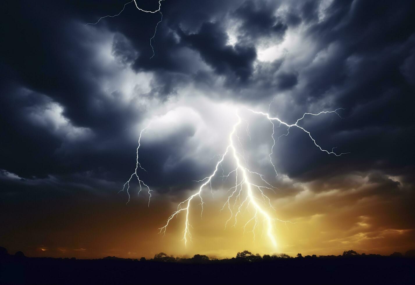 AI generated Lightning strikes on a cloudy dramatic stormy sky. AI Generated photo