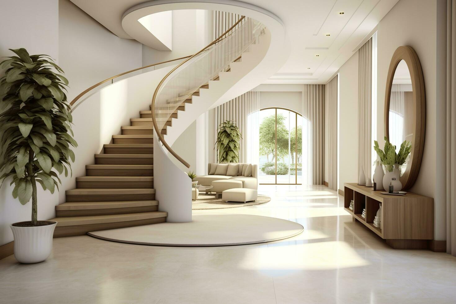 AI generated The interior design of the modern entrance hall with a staircase in the villa. AI Generated photo