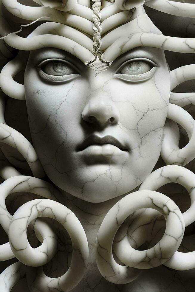 ai generado retrato de cyborg medusa cerca arriba tallado en mármol. ai generado foto