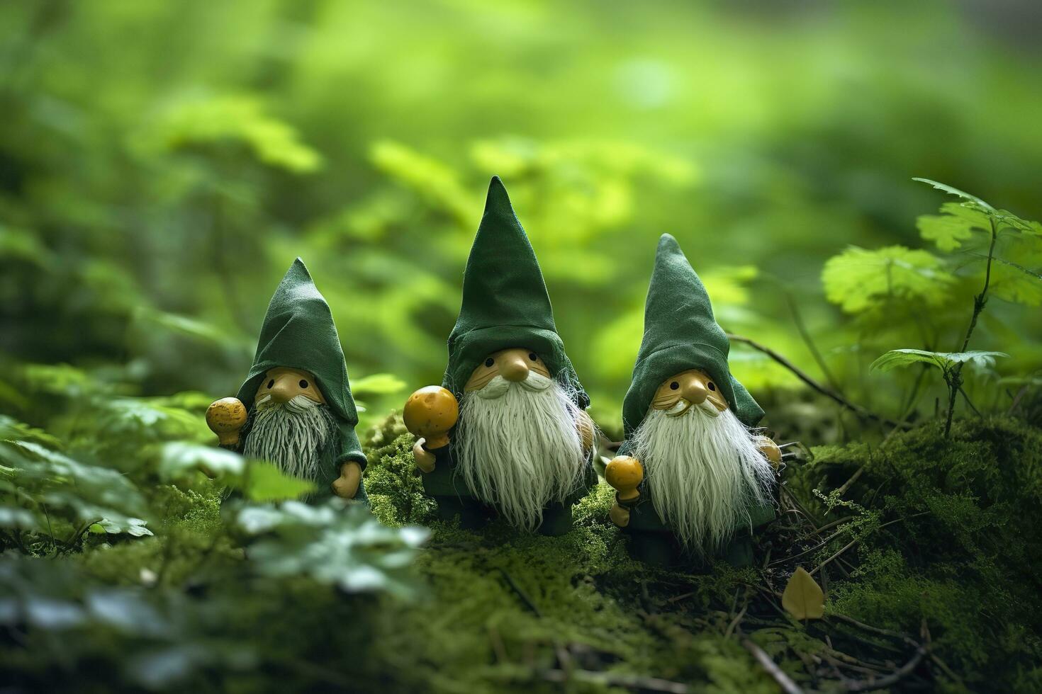 AI generated Toy Irish gnomes in a mystery forest, abstract green natural background. Generative AI photo