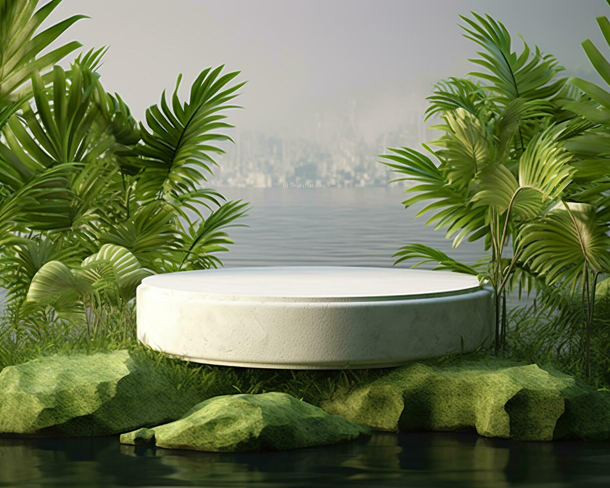 AI generated Stone product display podium for cosmetic product with green nature garden background. Generative AI photo