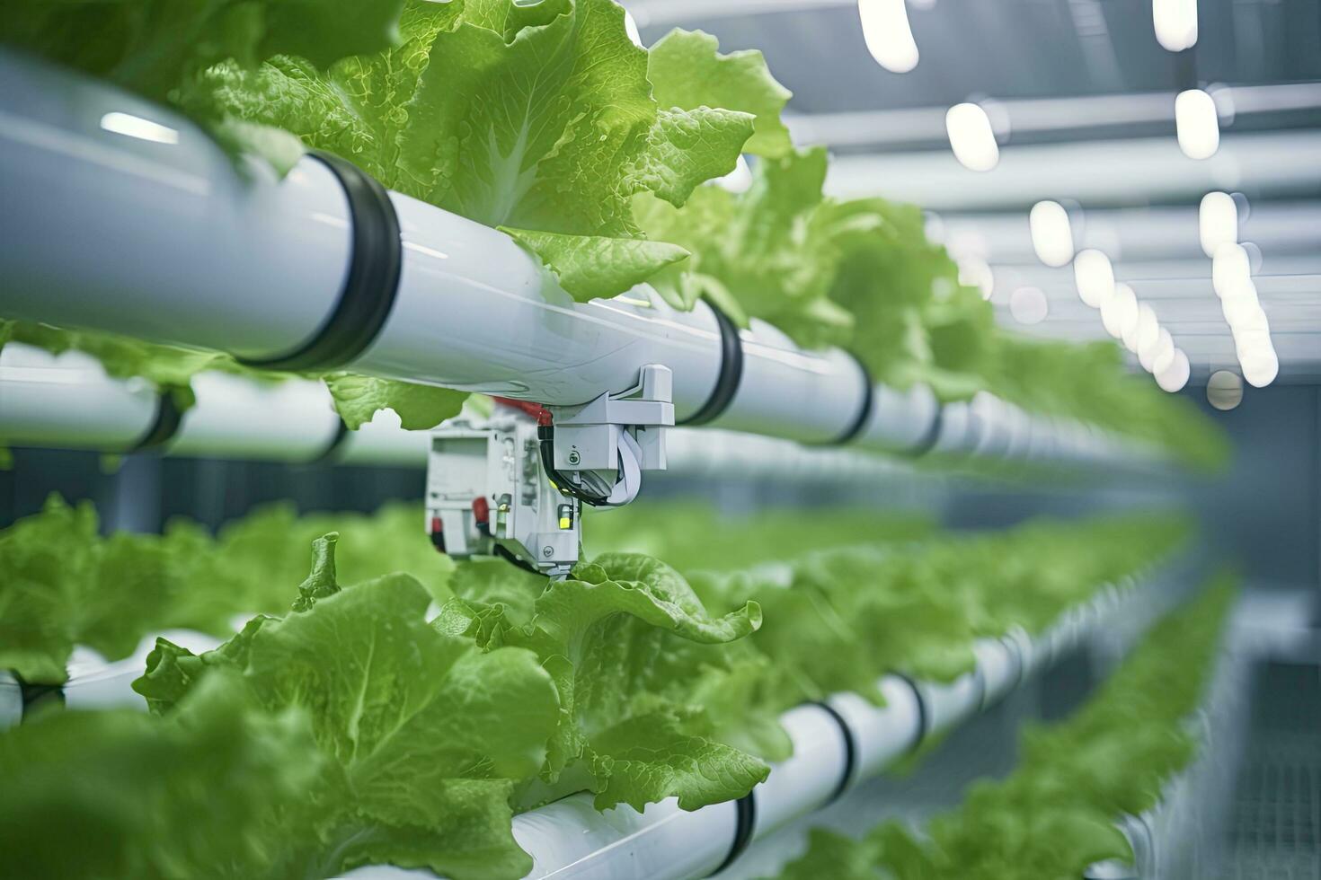 AI generated Automatic Agricultural Technology With Close-up View Of Robotic Arm Harvesting Lettuce In Vertical Hydroponic Plant. AI Generated photo