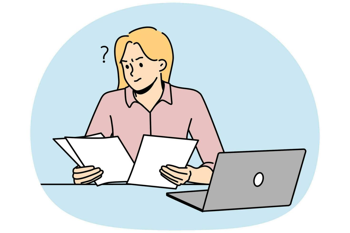 Frustrated woman working with paperwork busy at laptop. Confused female employee consider documents at workplace. Vector illustration.