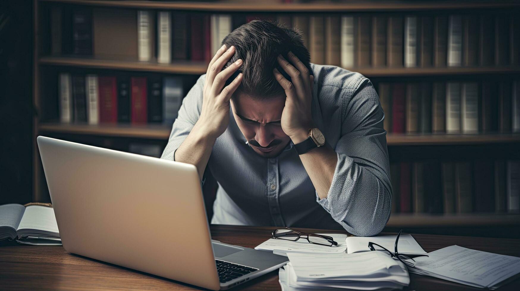 ai generado gerente agudo estrés trastorno y albardilla con emocional averías en medio de agobiante estudiar o trabajo presión. foto