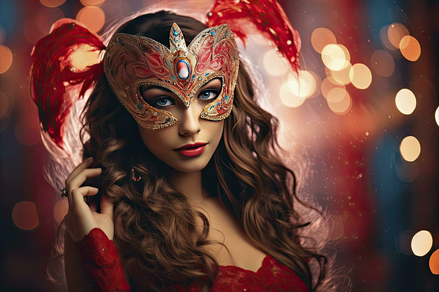 AI generated A Young Woman Adorned in a Carnival Mask Against a Festive Carnival Background. photo