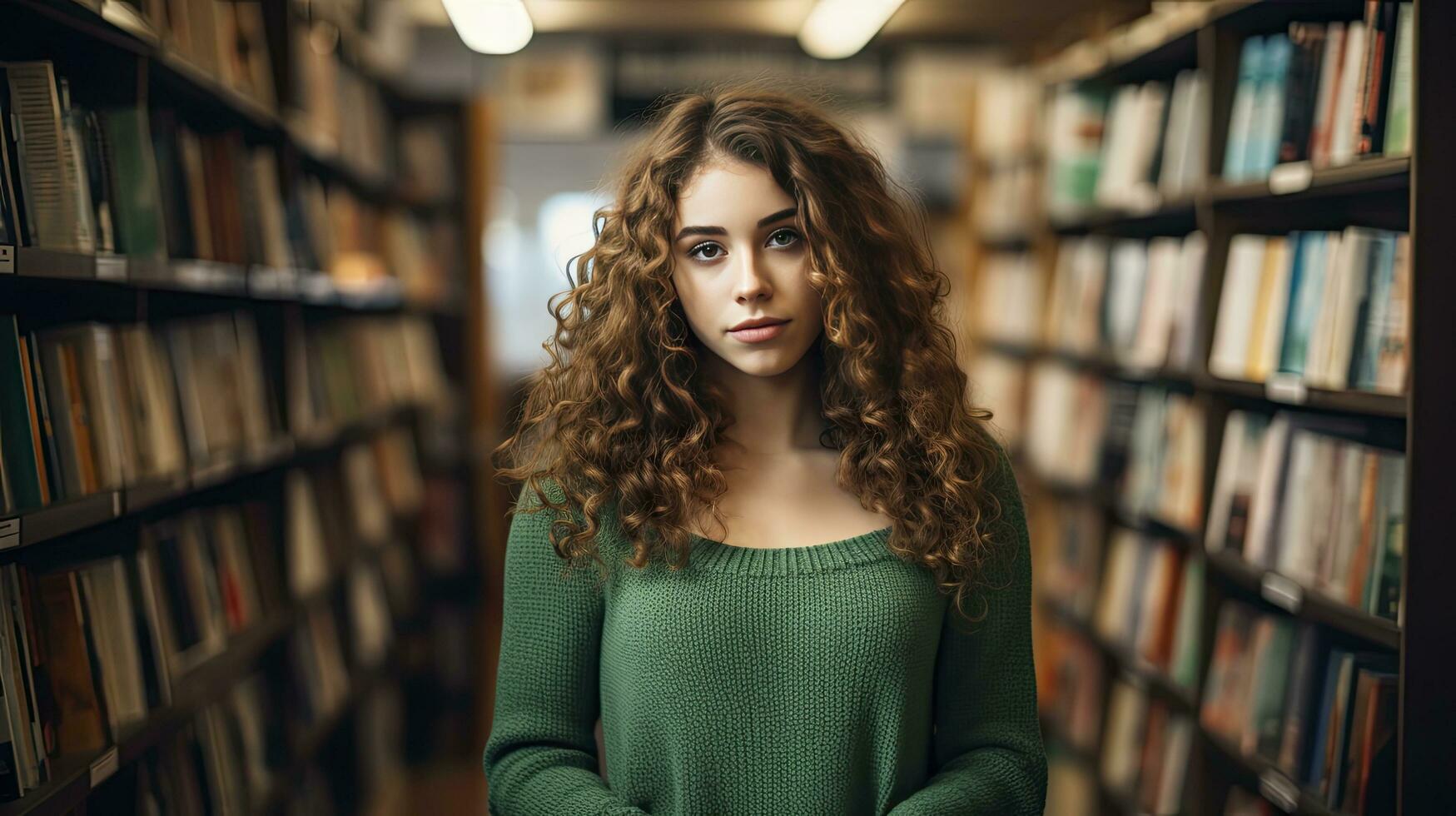 ai generado un 20 año antiguo mujer en un verde vestir y ondulado cabello, en librería estantes. foto