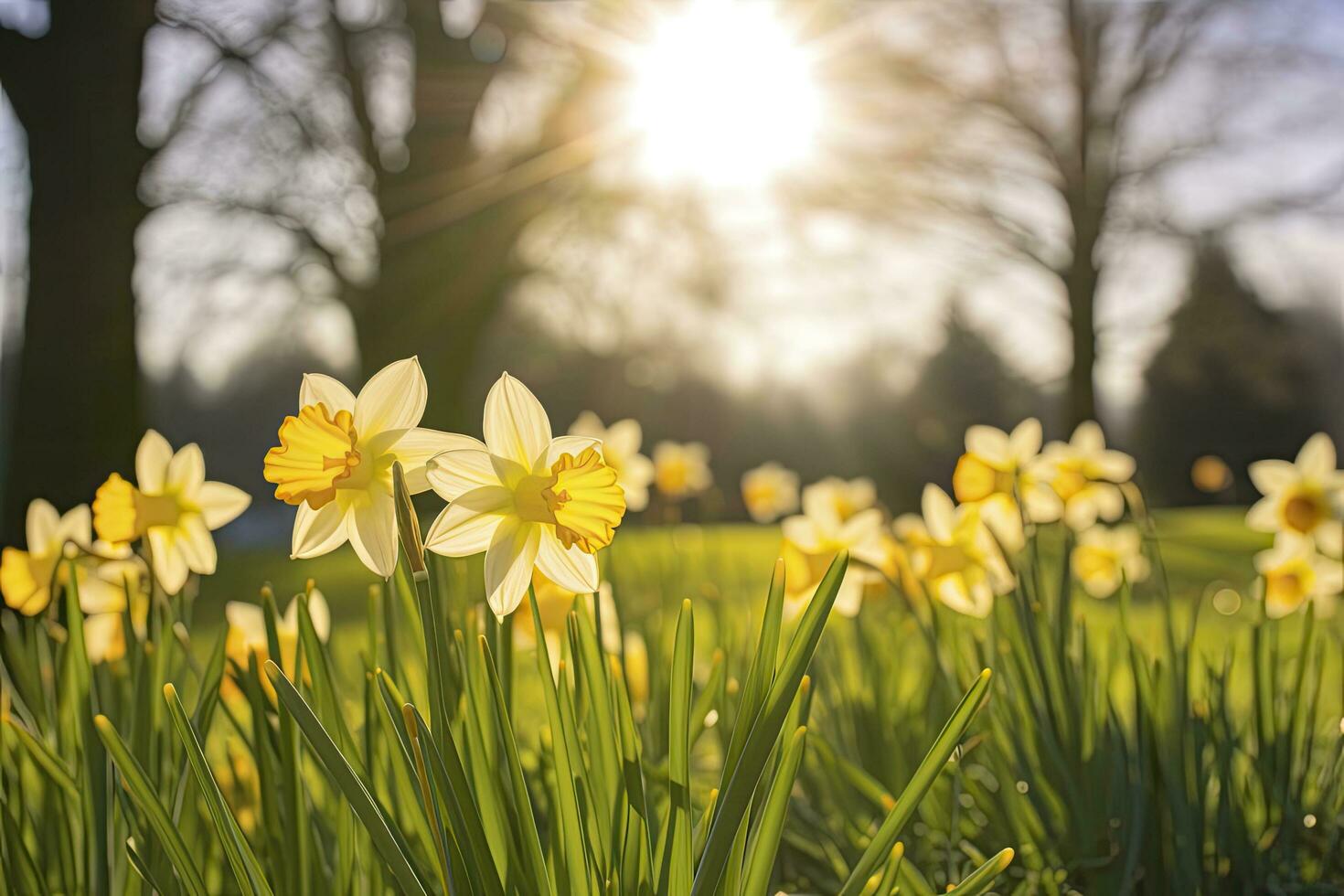 AI generated Daffodils in spring backlit by sun. AI Generated photo